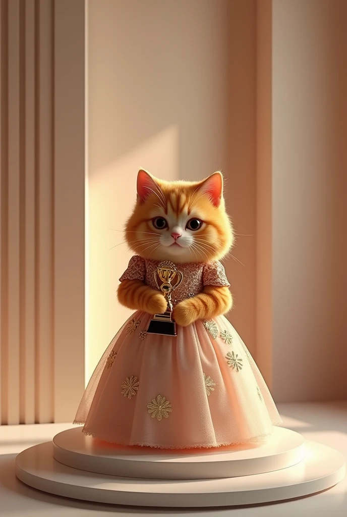 the beautiful small ginger fat cat wearing beautiful dress get the award's in his hand in the beautiful modern stage
