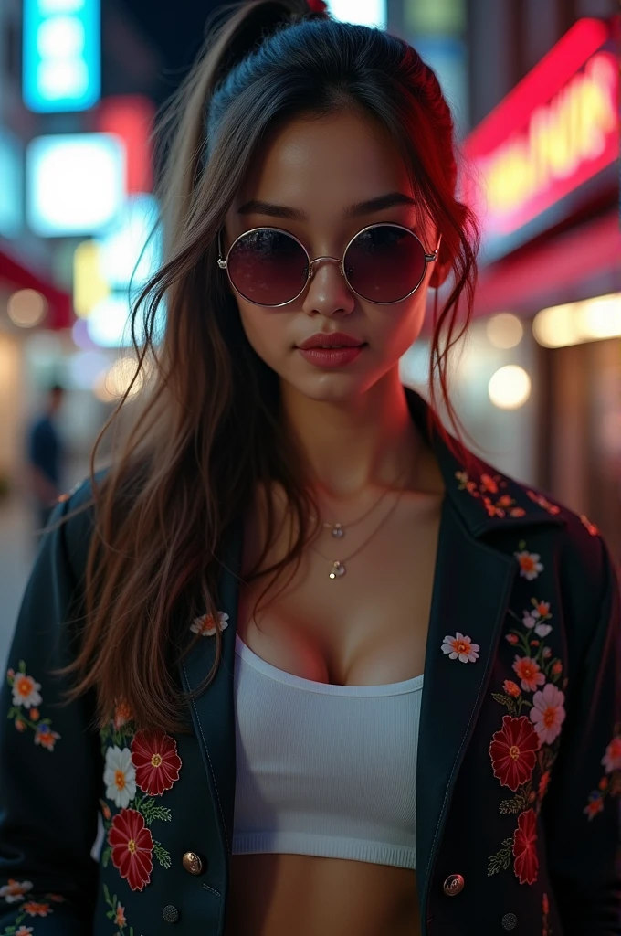 photograph of a woman, long brunette hair in a ponytail, perfect eyes, wearing circle tinted reflective glasses, jacket with flowers embroidered on the shoulder, t-shirt with a plunging neckline, in the city at night, High dynamic range, vivid, rich details, clear shadows and highlights, realistic, intense, enhanced contrast, extremely intricate details