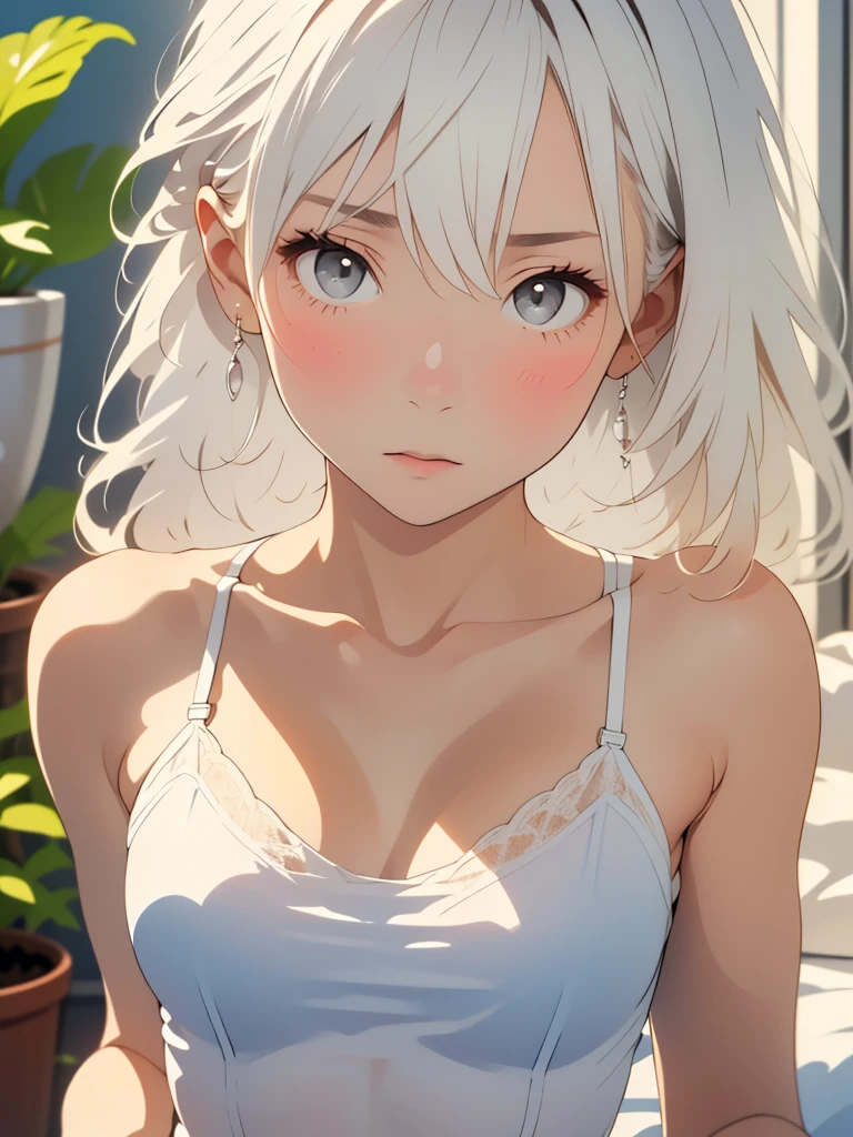 Low Leg, Low rise, Fearful expression, (((Realistic images))), Translucent white skin, White camisole, ((The girl's upper body is visible)), the skin is transparent, Make the expression more realistic , thin, soft and smooth hair, Highlight wrinkles in clothing, Highest quality, High resolution, Extremely detailed 8K, (Ultra HD, Very detailed, Very detailed, Very realistic, Ultra-realistic, Realistic), One Girl, One thumb, View 4 books, The underwear you are wearing is very soft and pleasant to the touch..., Stagnation, Beautiful girl with slim body, Waist-length platinum blonde hair, Gray Eyes, My Room, Chic monochrome room, Foliage plant
