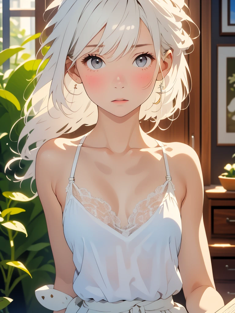 Low Leg, Low rise, Fearful expression, (((Realistic images))), Translucent white skin, White camisole, ((The girl's upper body is visible)), the skin is transparent, Make the expression more realistic , thin, soft and smooth hair, Highlight wrinkles in clothing, Highest quality, High resolution, Extremely detailed 8K, (Ultra HD, Very detailed, Very detailed, Very realistic, Ultra-realistic, Realistic), One Girl, One thumb, View 4 books, The underwear you are wearing is very soft and pleasant to the touch..., Stagnation, Beautiful girl with slim body, Waist-length platinum blonde hair, Gray Eyes, My Room, Chic monochrome room, Foliage plant