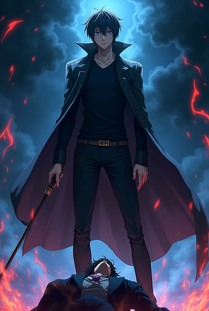 Light yagami with his death note kill ayanakoji felt under the feet of light with the background of hell with a aura of blue and red flames of fire
