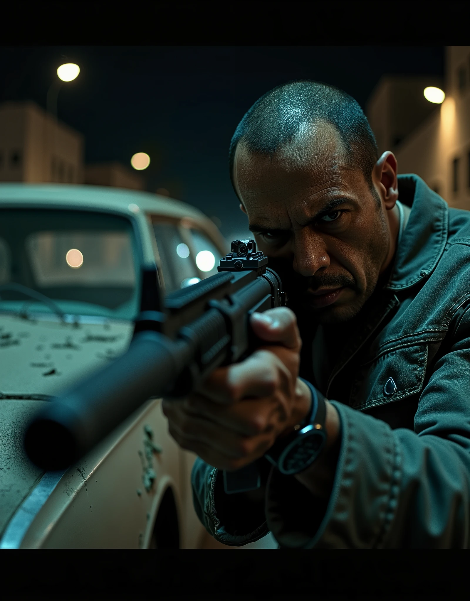 A Mafia enforcer (firing an assault rifle:1.2), (hiding behind a bullet-hole-ridden car:1.1, sedan), Los Angeles, abandoned street, perspective, nighttime, danger atmosphere, intense, cinematic, fix hands