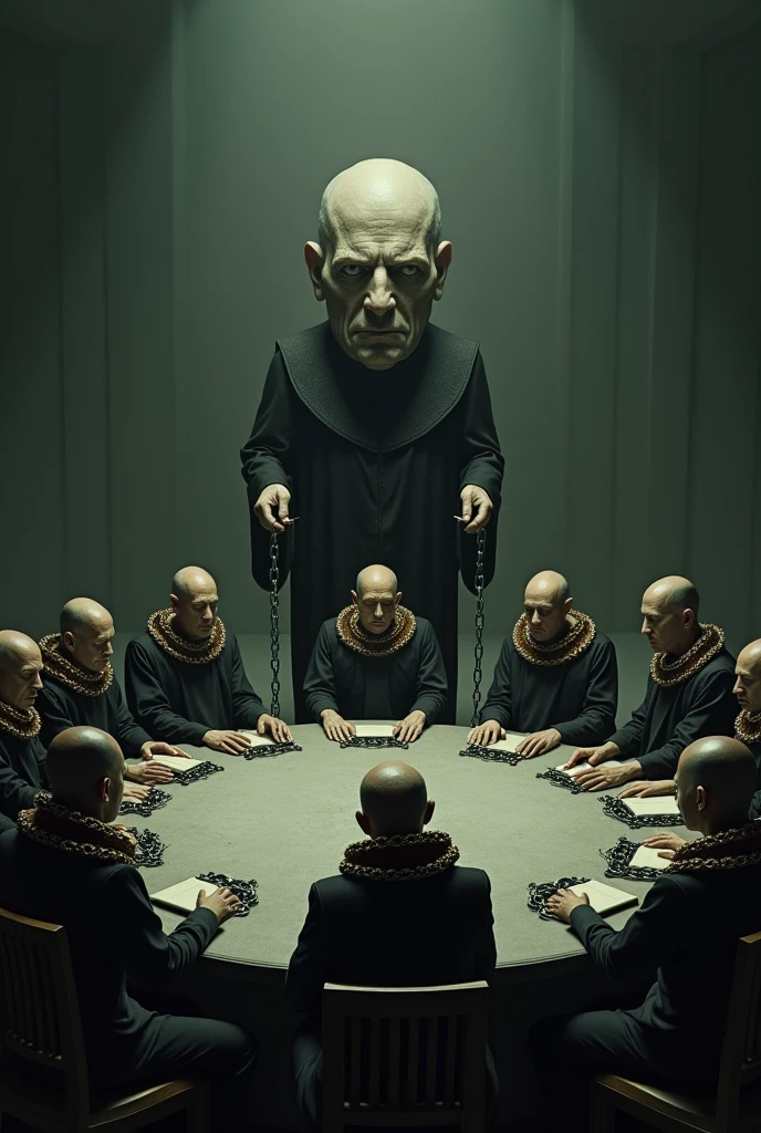 A round table with ten judges seated and restrained by collars by another bald, big-headed judge in front of this table standing holding chains that hold these collars 
