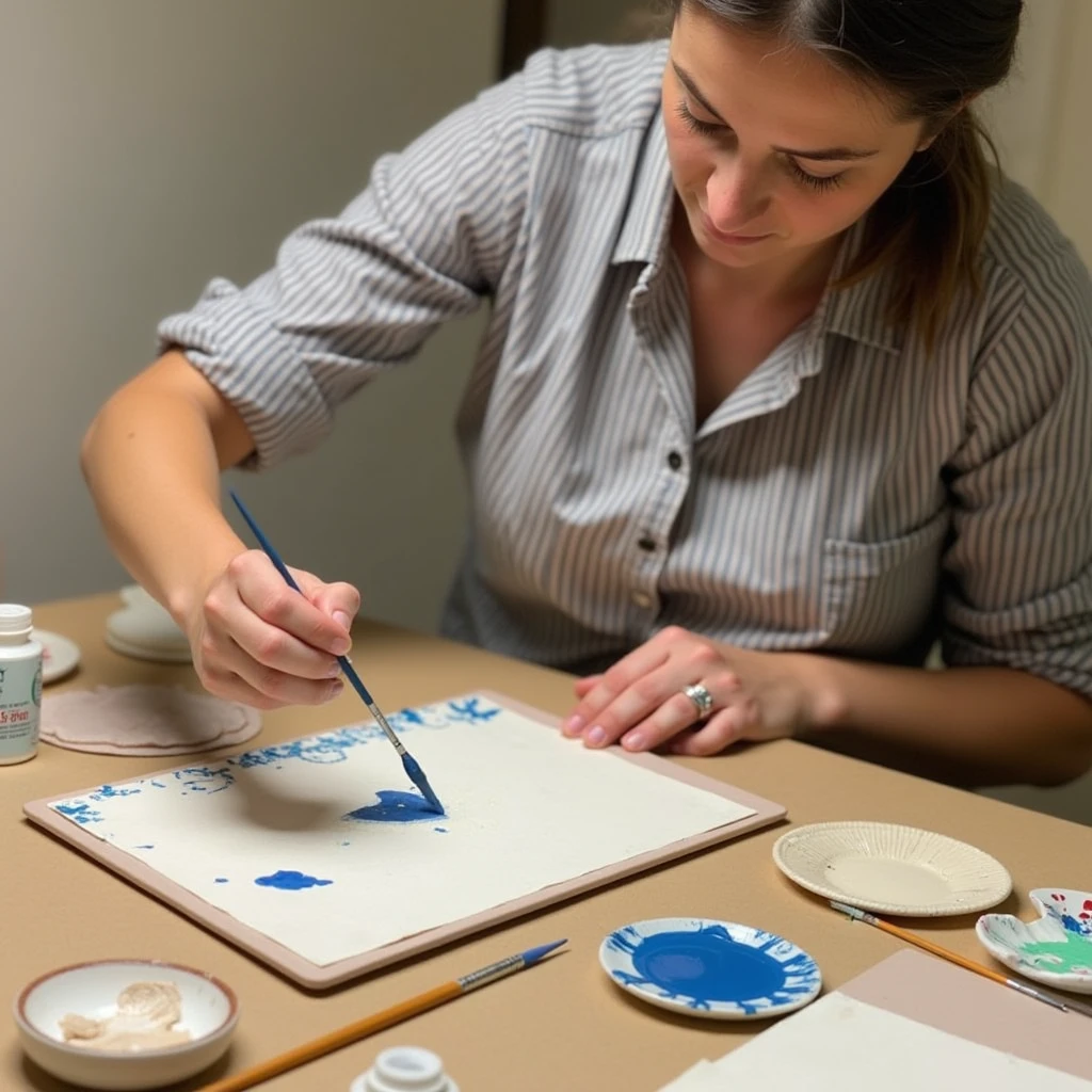 She paints on pottery.