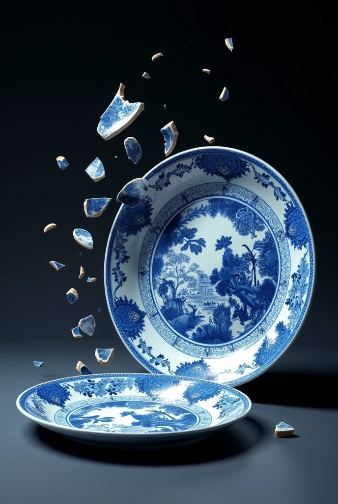 Ultra-realistic. Cinema 4D rendering. Ceramics. 2 large Ko-Imari plates. One is shattered into pieces. Another one is just falling. Cinematic lighting.