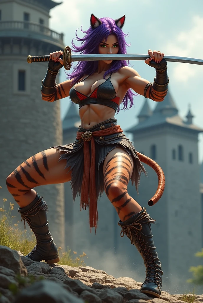 A tiger woman, wild and very strong, with big, sharp nails, with green asian eyes, perky breasts, thin waist and wide hips, purple hair. fully body, high heel boots. holding a katana sword. realisitic. In the background a medieval castle. Giving a karate chop.