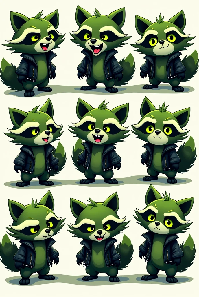 emoji, emotes, discord emoji, discord emote, cartoon, cute, dark moss green neon green black and white color scheme, raccoon, moss green and black raccoon, happy emoji, sad emoji, angry emoji, excited emoji, eye roll emoji, suprised emoji, 2d, cartoon, glam rock, eyeliner, neon green eyes, punk jacket, leather, 