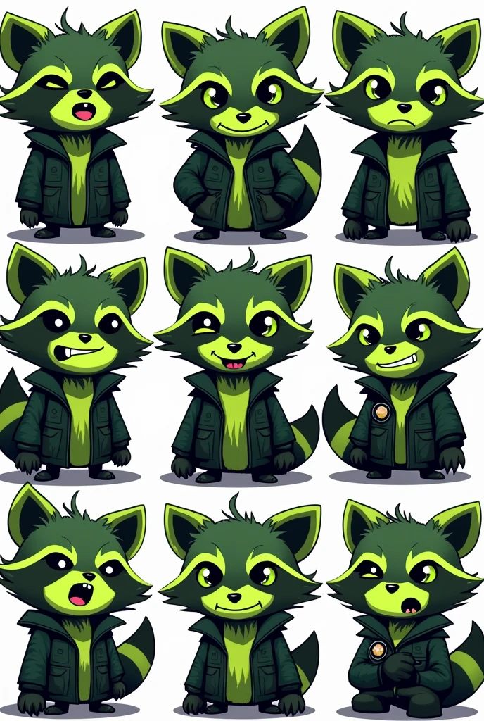 emoji, emotes, discord emoji, discord emote, cartoon, cute, dark moss green neon green black and white color scheme, raccoon, moss green and black raccoon, happy emoji, sad emoji, angry emoji, excited emoji, eye roll emoji, suprised emoji, 2d, cartoon, glam rock, eyeliner, neon green eyes, punk jacket, leather,