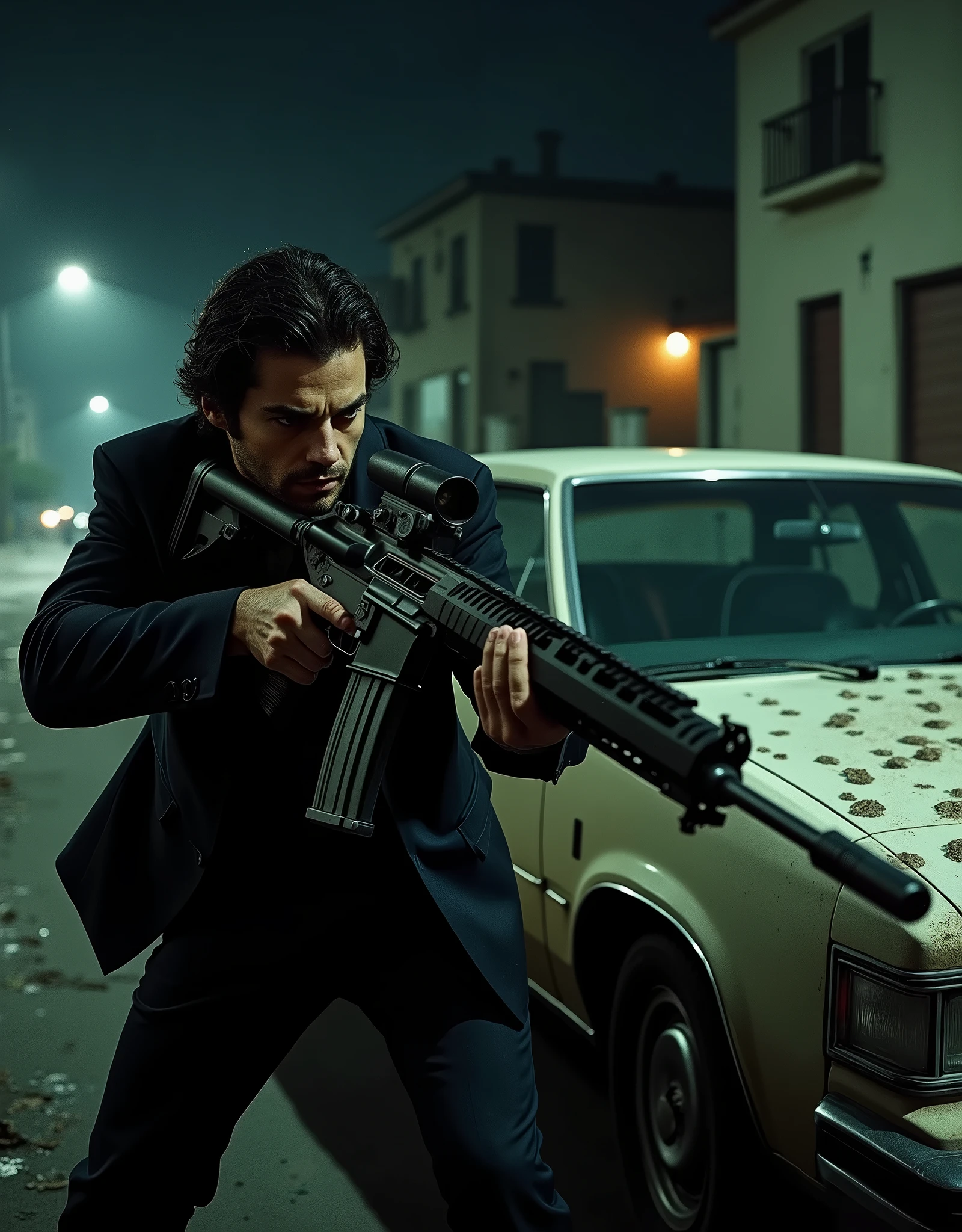 A Mafia enforcer (firing an assault rifle:1.2), (hiding behind a bullet-hole-ridden car:1.1, sedan), Los Angeles, abandoned street, perspective, nighttime, danger atmosphere, intense, cinematic, fix hands