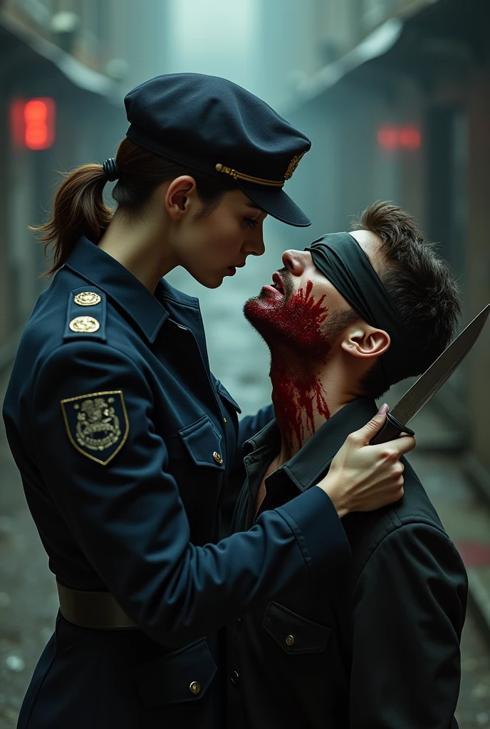 Realistic, A very beautiful police girl knife, cut throat A boy blindfold neck bloody splash, full body, wide open throat, throat contents