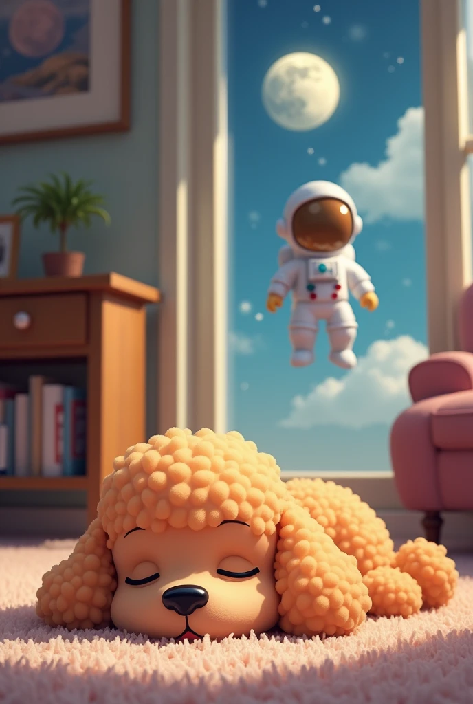 in cartoon style, the cute male apricot poodle, lying on the carpet in your house, sleeping, dreaming that you are dressed as an astronaut, floating on the moon