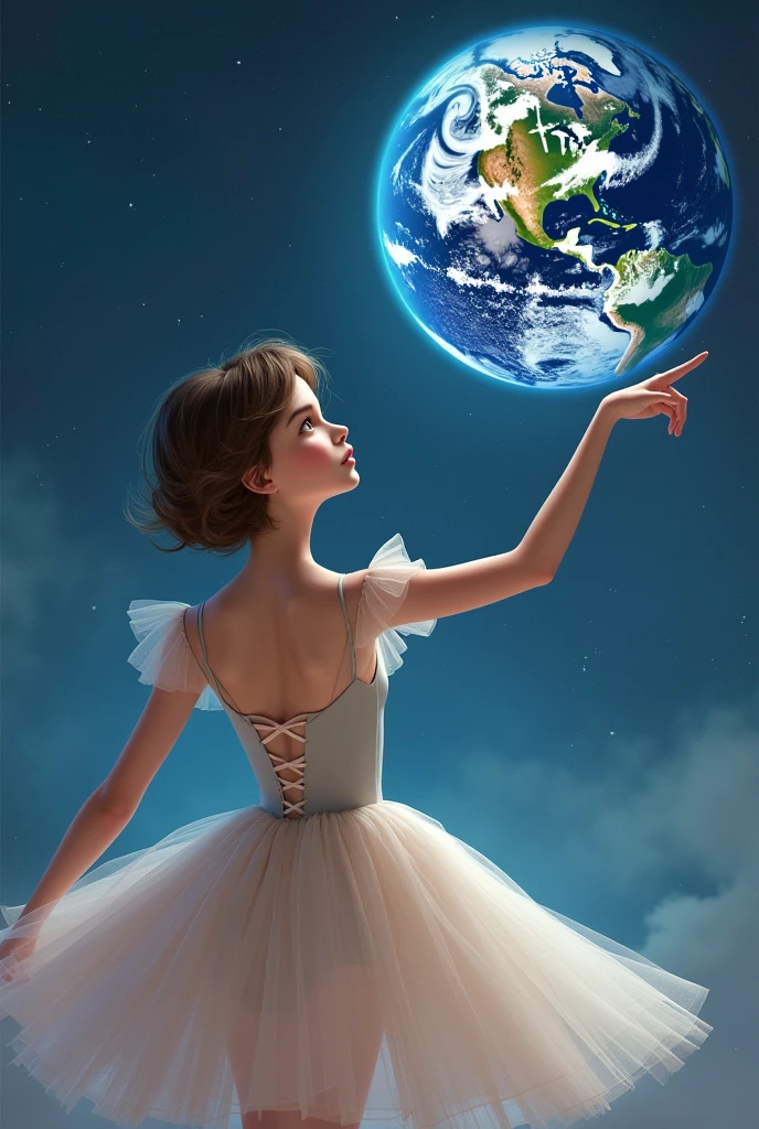 A young ballerina with short hair, brown and with some subtle blonde highlights. She is in a graceful pose, extending one arm forward, with his finger pointing to the planet Earth floating in front of him. The expression on his face is determined and confident., conveying the idea that she believes she can conquer the world. She wears a delicate ballet dress, perhaps in soft tones, like pink or white, which contrasts with the starry background of the universe. The Earth is shown in detail, with visible continents and oceans, highlighting the vastness of the world she intends to conquer in drawing form.

