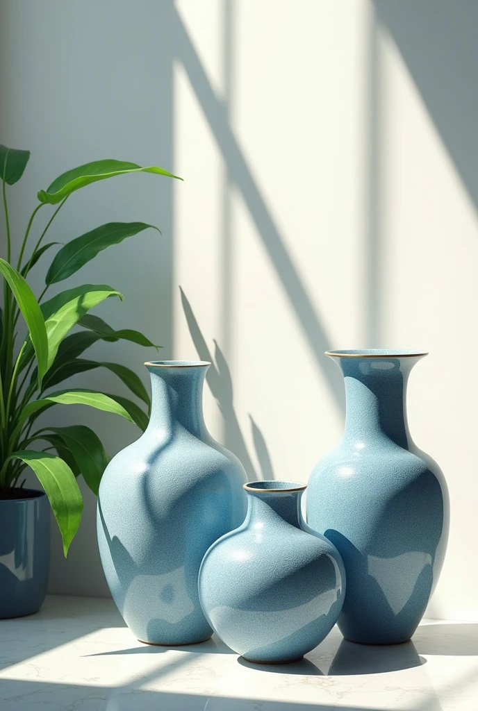In front of the sunny wall in the fresh morning, there are three textured blue and white porcelains of different heights and shapes. (master art work)There is a green plant on it. Jianfu style art style high resolution image. Surreal texture high resolution., Digital painting, Delicate
