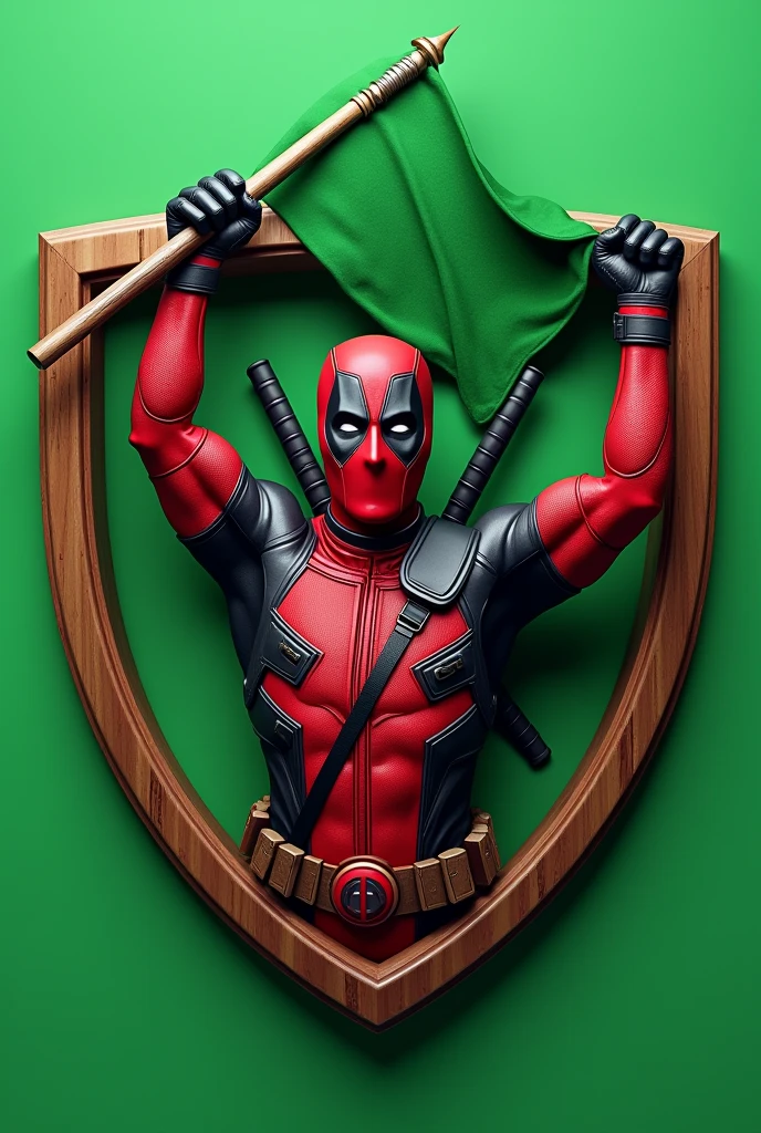 Design a logo that features an ultra-realistic depiction of a Deadpool-like character, holding hands in triumph with a green flag in his hands. The character must be integrated into a shield-shaped emblem with a green background. The design should be detailed and realistic, capturing the character's iconic costume and his playful yet triumphant expression.