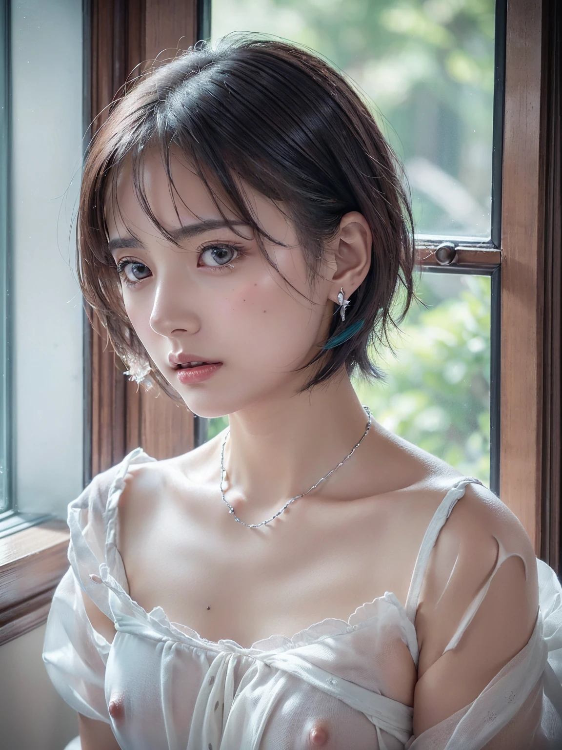 (((全Nude 1.5、Nude 1.5、Nude 1.5,Small breasts))), (((とてもエレガントでbeautiful, Perfect detail, Very detailed))), whole body, The most detailed girl, Written boundary depth, 美しくdetailedなwhole body, Thin legs, 1 person, 30 years old, Very short hair, Spiked Hair, Gray and silver hair, beautiful detailed hair, Perfect Face, Expressionless, beautiful, detailed, Deep Eyes, Open your mouth a little, Delicate arms and hands, Pale skin, Earrings, beautiful and gorgeous necklace, Colorful background, HD background, Blurred Background, とても繊細でbeautiful, masterpiece, (((Highest quality, とてもbeautiful8K CG壁紙))), (((Medium Hair))), (Inside the room,Stylish white interior,window)、Glowing Skin、Shiny Hair、