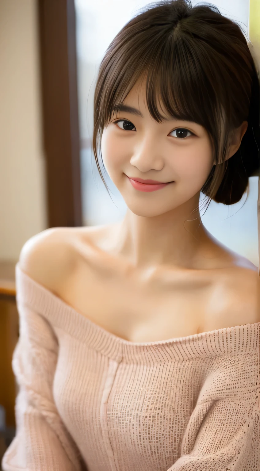 masterpiece,best quality,(Japanese girl),((Beautiful girl)),cleavage,(off shoulder:1.2),(perfect body beauty:1.2),(shy smile),From slightly above