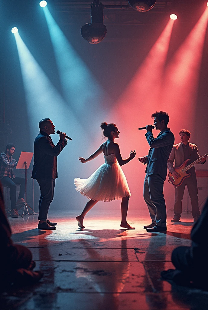 a person acting, a person singing with a microphone, a person dancing and a person painting in a round