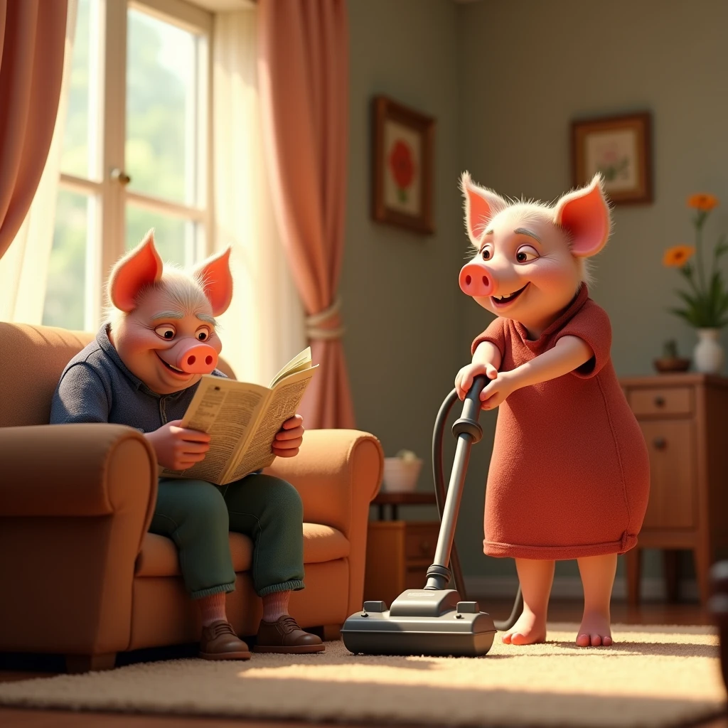 pixar style, 3d, 2 pigs, 1 old father pig is on the left sitting on the couch reading newspaper and on the right is 1 old mother pig wearing full dress is using the vacuum cleaner to clean the carpet, both are smiling and looking to the right, game button art, Game illustration, lovely digital painting, artstation for kids art, Official artwork, key art, mobile game art, cover game art, zootopia concept art, (soft lighting:1.3), (green and earthy color scheme:1.3), (highly detailed), (ultra quality:1.3), (masterpiece), (digital art), 8K resolution, HDR, depth of field, (soft shadows), (photorealistic:1.3), (animation:1.2), (by Greg Rutkowski:0.9), (in the style of Alphonse Mucha), trending on ArtStation, award-winning art, 3d style
