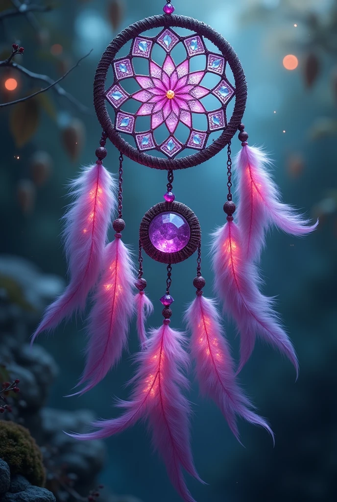 Dreamcatcher with crystals gems
Feathers
Magenta, purple, blue