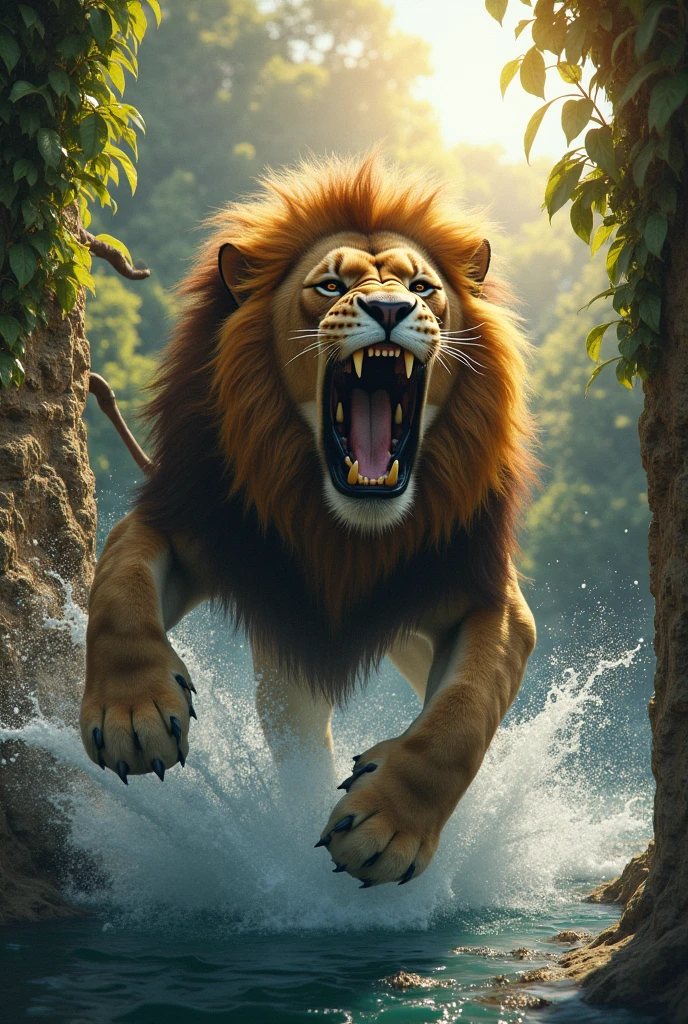 Lion Falling into the Well: Show the lion falling into the well, with a splash of water, as the realization of his mistake dawns on him.