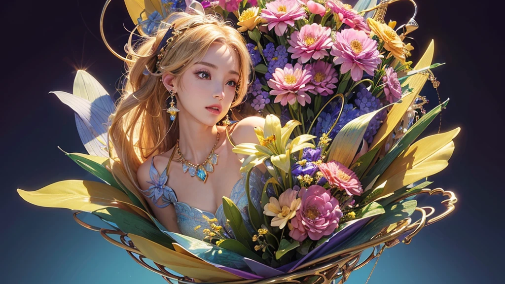 32K, 最高quality, 最高masterpiece, (ultra-Detailed Background, Detailed Background), High resolution, Super detailed, Very detailedな, 1 personの, (bouquet:1.3), (Tangled:1.2), (Geometric:1.2),(colorful),(masterpiece, quality, best quality, Official Art, Beautiful and beautiful:1.2), (1 person:1.3), Very detailed,(colorful:1.1)(Flowers:1.3),Most detailed,(Tangled:1.2), whole body, (Abstract background:1.3), (Skin glows), (Many colors:1.4), ,(Earrings Jewelry:1.5), Gradient Background, Beautiful and sparkling background, It's imaginative., Flaxen Hair,