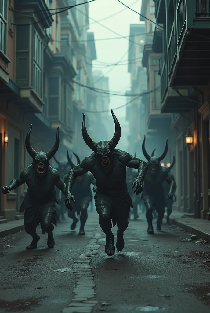An army of demons and monsters running in the city in alleyway