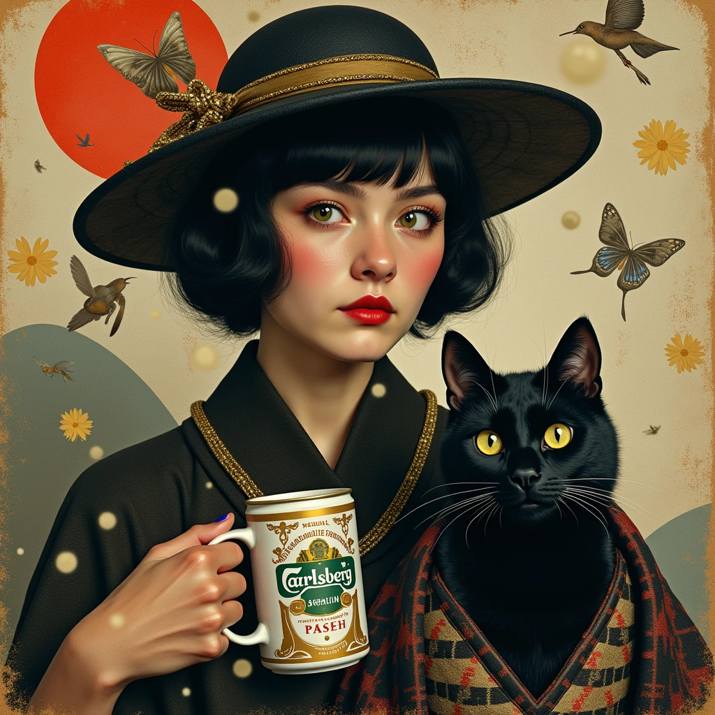(masterpiece photo realistic, octane-render):1.4, Hannah Hoech, The Dancing Black Cat, The black cat samurai pioneered an era of world-traveling culture through photomontage, collage, mixed media, and (beer:1.33). (a photo of Carlsberg, the highest quality beer. A filled jug):1.21, and filled beer mug:1.21, CANON RF28-70 mm F/2.0 LUSM, golden hour ice camera photography ,double exposure prism, BREAK, effect: fluffy bubbles:1.46, ethereal lighting, (dim light, ray tracing, Faintly emerge from the darkness):1.3,