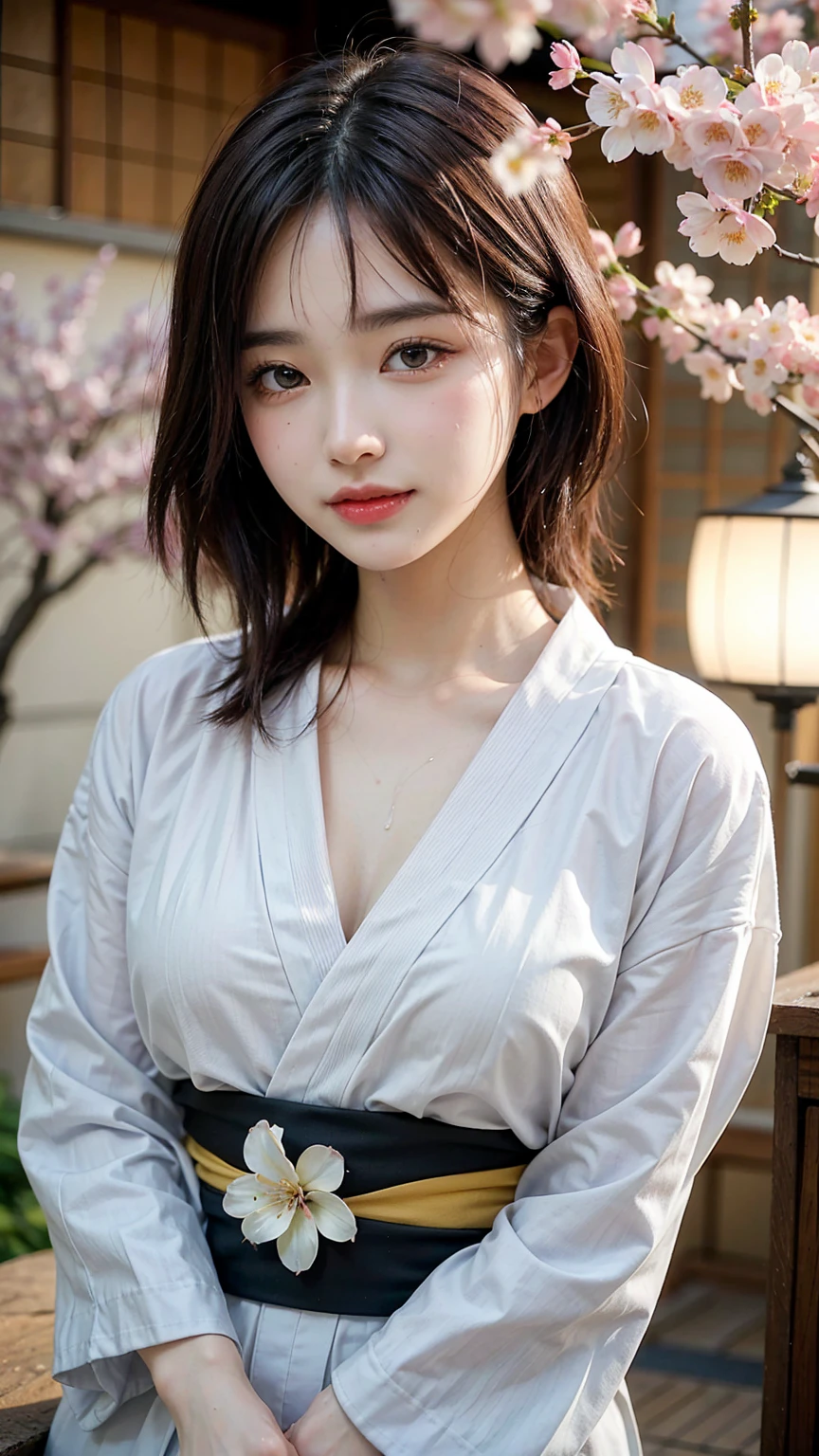 (Tabletop, Highest quality:1.4), Beautiful Face, 8k, 85mm, Absurd, (Floral Yukata:1.4), Upper Body, Viola Lace, Gardenia, Delicate girl, alone, break、Contrast、whole body、Grin、break、Brown Hair、Long Straight Hair 、cosmetics 、Big Breasts, I can see her cleavage、((drenched, Soaking wet, Dripping Water, Wet all over, Wet 、))、 Cherry Blossoms at Night、Cherry tree、Cherry blossom petals