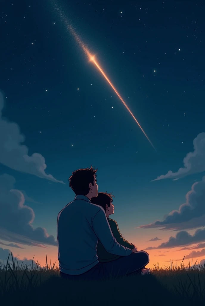 A guy watching the sky night, when a shooting star passed by. The guy is sitting with his son who is sitting in his legs