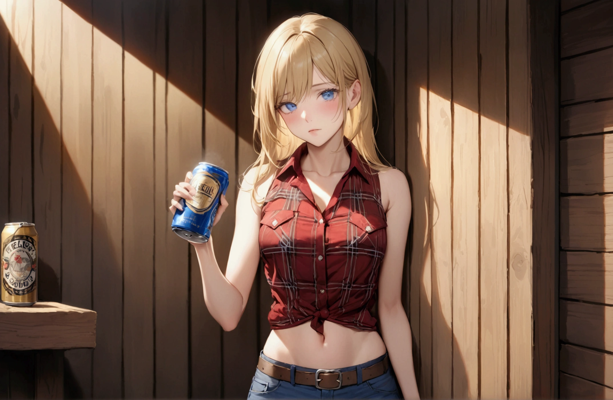 Woman with long blonde hair, blue eyes, Athletic build, Red plaid sleeveless collared cowgirl shirt, clock, Navel exposed, Denim hot pants, Brown belt with oval buckle, Please stand up straight, Drunk,Severe hiccups,In front of a wooden wall,can of beer,Front view,Cowboy Shot,16K, Highest quality, masterpiece, Realistic, detailed