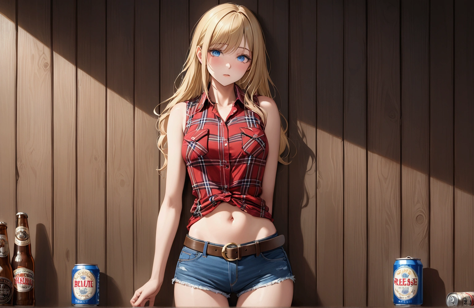 Woman with long blonde hair, blue eyes, Athletic build, Red plaid sleeveless collared cowgirl shirt, clock, Navel exposed, Denim hot pants, Brown belt with oval buckle, Please stand up straight, Drunk,Severe hiccups,In front of a wooden wall,can of beer,Front view,Cowboy Shot,16K, Highest quality, masterpiece, Realistic, detailed