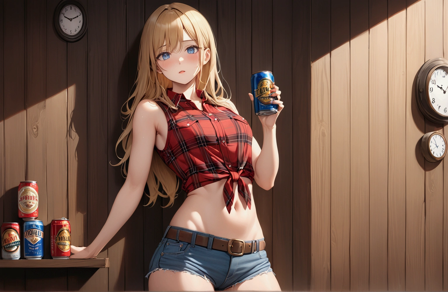 Woman with long blonde hair, blue eyes, Athletic build, Red plaid sleeveless collared cowgirl shirt, clock, Navel exposed, Denim hot pants, Brown belt with oval buckle, Please stand up straight, Drunk,Severe hiccups,In front of a wooden wall,can of beer,Front view,Cowboy Shot,16K, Highest quality, masterpiece, Realistic, detailed