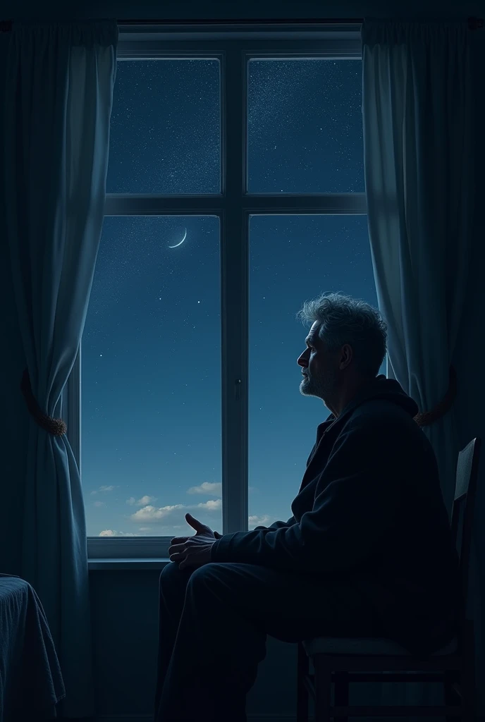 At night, one strong people seating in room see the window outside sky also secretly miss home