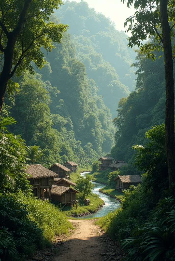 Imagine Metro Manila in 30 AD, a region dominated by thick, lush jungles with towering tropical trees and dense undergrowth. The area is crisscrossed by rivers and streams, with the Pasig River flowing through. Small communities of indigenous people live in scattered bamboo stilt houses with thatched nipa roofs, nestled close to the riverbanks. These settlements are surrounded by thick foliage, with clearings used for small-scale farming and fishing. There are no stone buildings or roads, just dirt paths winding through the forest. The skies are filled with the sounds of birds and the distant roar of waterfalls hidden deep within the jungle