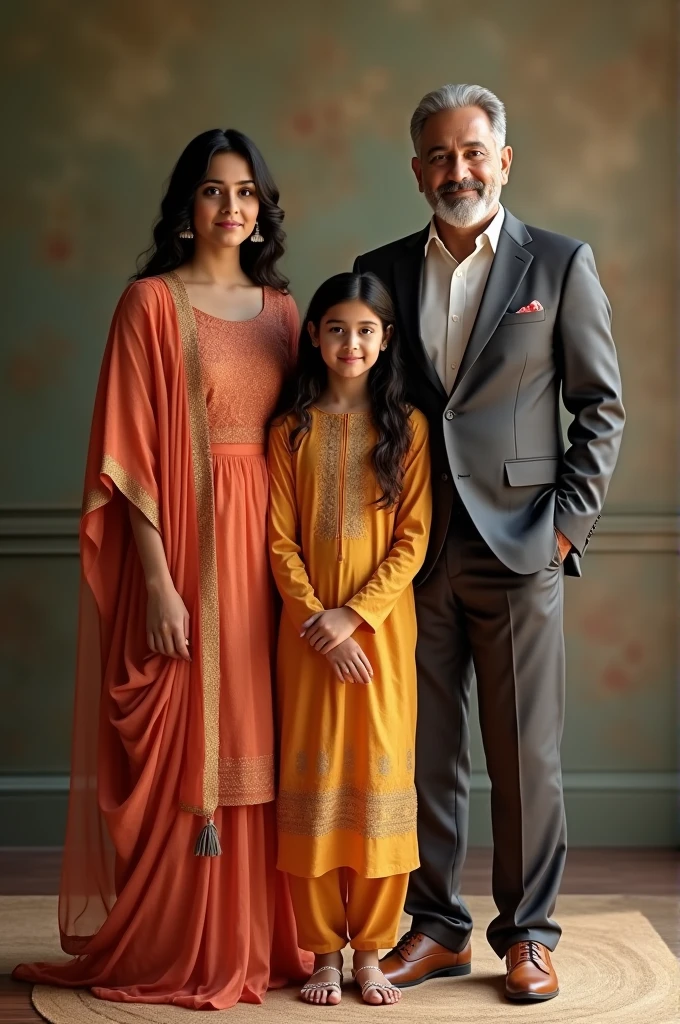 A family Portrait, one father, two sisters, one brother, father and son wearing formals, sisters wearing kurti