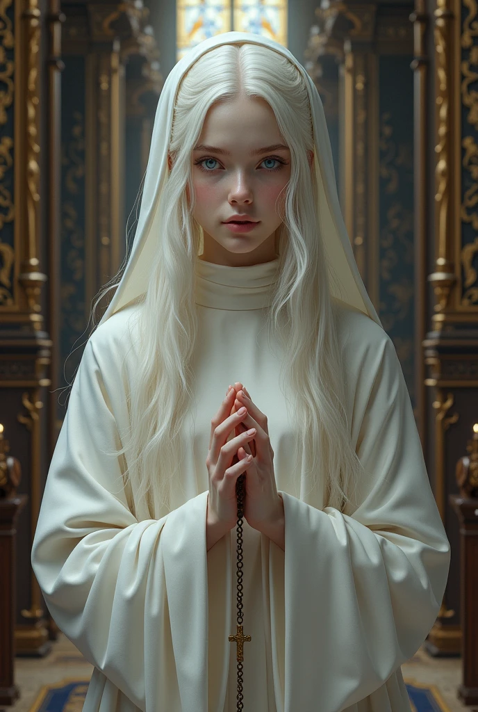 Albino girl with long white hair, from the realistic middle ages, blue eyes white nun clothes holding a rosary, without looking at the camera, in the church church details.