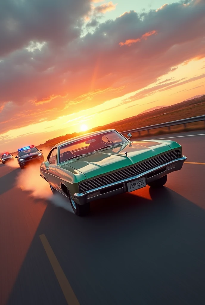 a light green 1967 impala speeding down the highway at sunset with a bunch of police teslas behind 
