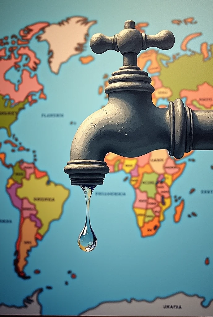 hand made painting, Title: Save Water
a tap in picture with a droplet of water, show world map