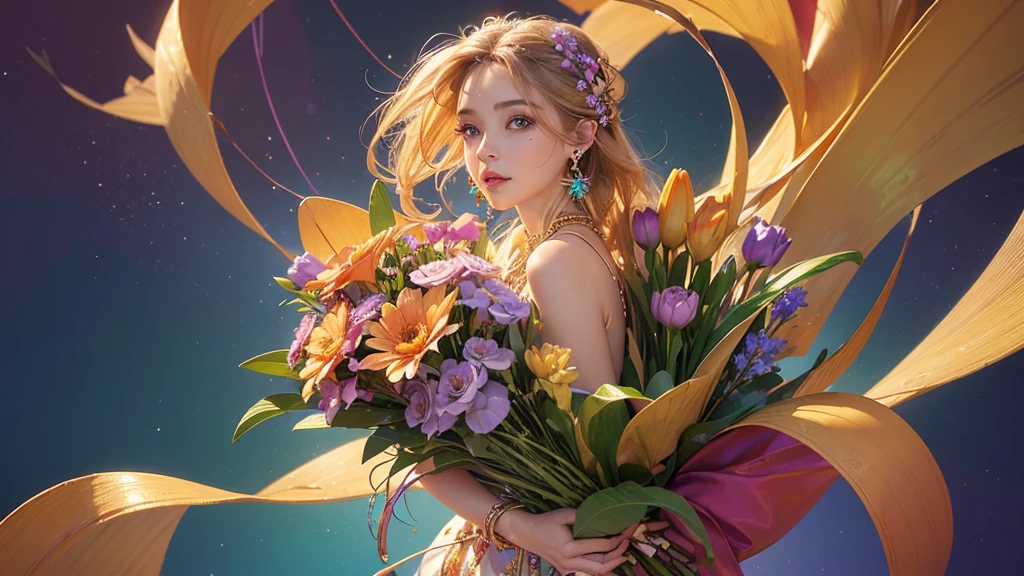 32K, 最高quality, 最高masterpiece, (ultra-Detailed Background, Detailed Background), High resolution, Super detailed, Very detailedな, 1 personの, (bouquet:1.3), (Tangled:1.2), (Geometric:1.2),(colorful),(masterpiece, quality, best quality, Official Art, Beautiful and beautiful:1.2), (1 person:1.3), Very detailed,(colorful:1.1)(Flowers:1.3),Most detailed,(Tangled:1.2), whole body, (Abstract background:1.3), (Skin glows), (Many colors:1.4), ,(Earrings Jewelry:1.5), Gradient Background, Beautiful and sparkling background, It's imaginative., Flaxen Hair,