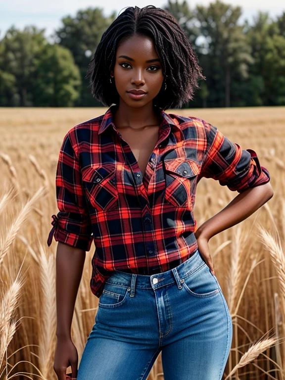 ebony beauty with short straight black hair. Penetrating brown eyes should be the focal point. She is wearing a red flannel shirt and denim jeans, In the background, a wheat field is shown, a heavenly and luxurious place, 8k, perfect photo, dark skin, chocolate skin, beautiful green eyes. impeccable image of high quality and creativity, RAW colors, balanced lights