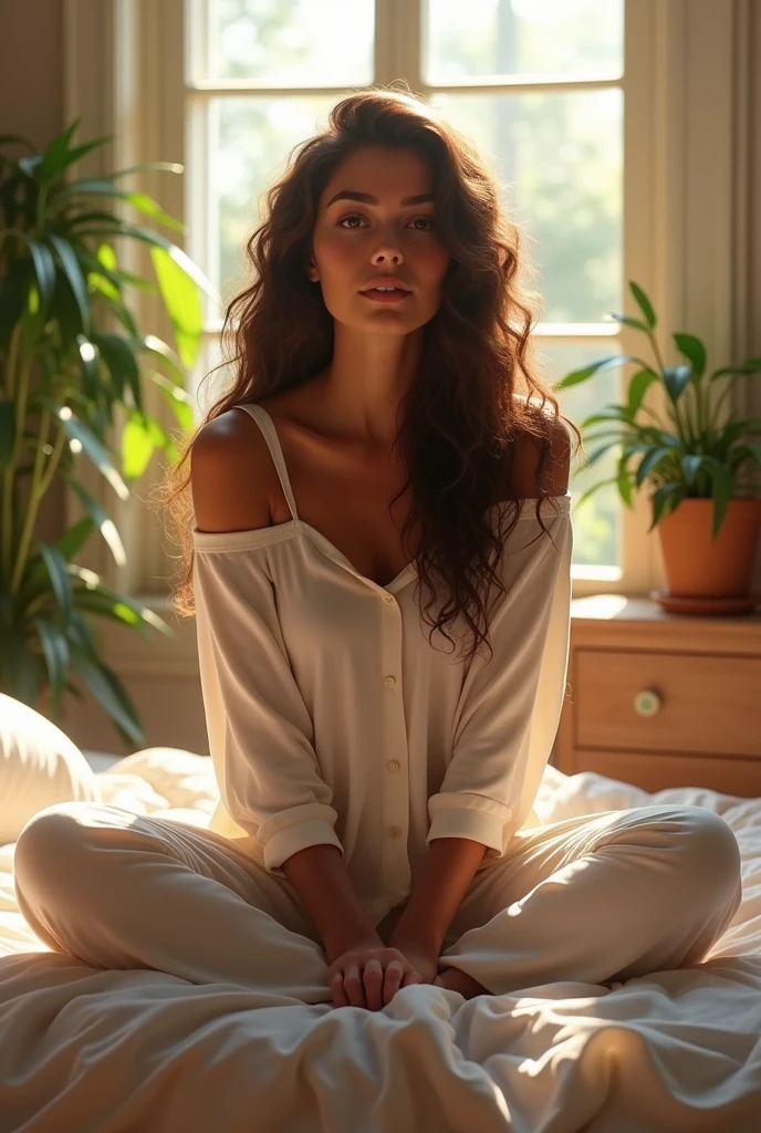 (photorealism:1.2), beautiful woman, sitting on bed, wearing loose off-shoulder top, pajama pants, long curly hair, indoors, soft lighting, plants in background, window with sunlight, cozy room, relaxed pose, realistic, intricate details, warm colors, by Greg Rutkowski, by Alphonse Mucha