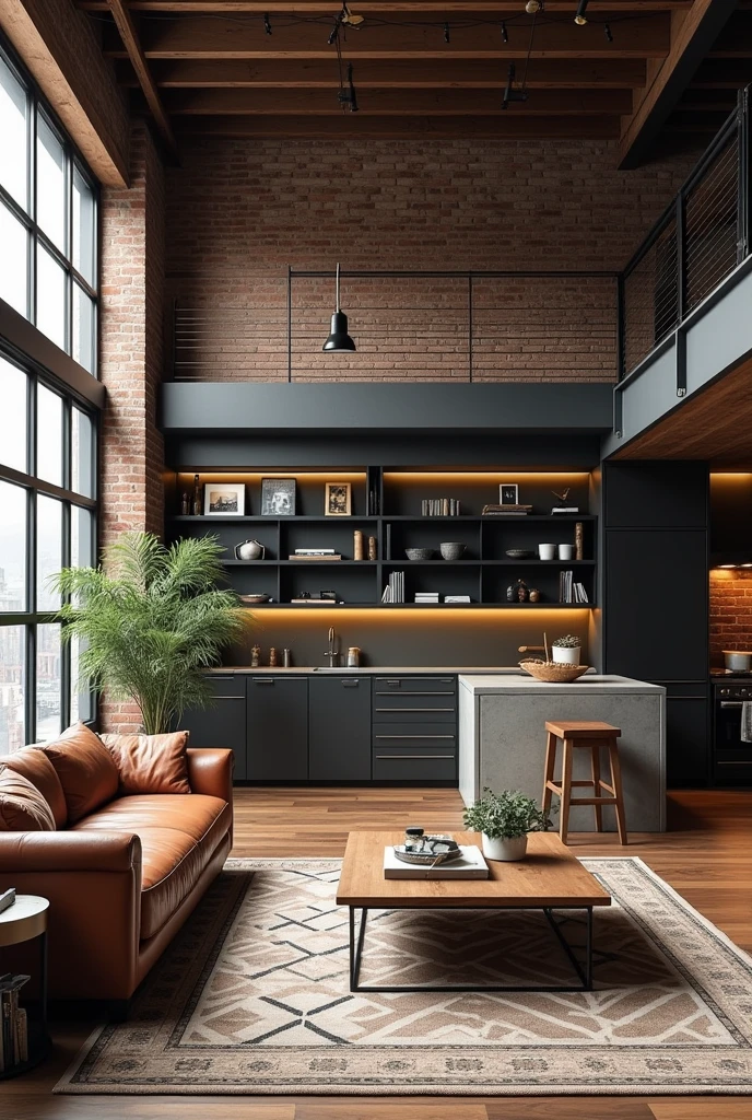 Renovated industrial loft
* Features : An open space with large windows, exposed brick walls, metal beams, and a mix of modern and vintage furniture.
* Development : The loft would be decorated in a minimalist way, avec des touches personnelles comme des souvenirs de famille, some local art works, peut-être une collection de vinyles ou de livres. L'espace serait fonctionnel mais élégant,
* Espace ouvert : The loft is mainly a large open space, sans cloisons, The different zones (salon, cuisine, Room) are defined by furniture rather than walls.
Salon :
* Sofa en cuir vintage : In the center of the living room, a large aged leather sofa, Dark brown, qui semble aussi confortable que stylé. It is placed on a carpet with simple geometric patterns.
* Table basse en bois brut : In front of the sofa, une table basse en bois massif, perhaps a unique piece recovered, with signs of wear that give it character.
* Open shelves : Sur un mur, Black metal and wood shelves house a collection of books, some vinyls, et des objets personnels, comme des souvenirs de voyage ou des photos encadrées de sa famille.
Cuisine :
* Built-in kitchen : La cuisine est ouverte, with a raw concrete counter that also serves as a bar for quick meals. The cabinets are made of matte black metal, with brushed steel handles.
* Modern household appliances : Although the aesthetic is industrial, The household appliances are modern and high-end, reflétant un goût pour le fonctionnel et le durable.
* Tabourets en métal : Devant le comptoir, des tabourets en métal, with leather seats, which fit perfectly into the industrial atmosphere of the place.
Room :
* Low bed with a wooden headboard : A simple but elegant bed, with a reclaimed wood headboard, topped with black metal wall lamps, ideal for reading.
* Dark bed linen : Les draps sont dans des