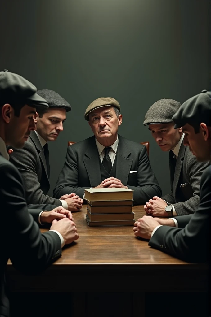 six men sit at a table with a pile of books on it, one of them looks like he's 60, they are dressed in peaky blinders style 