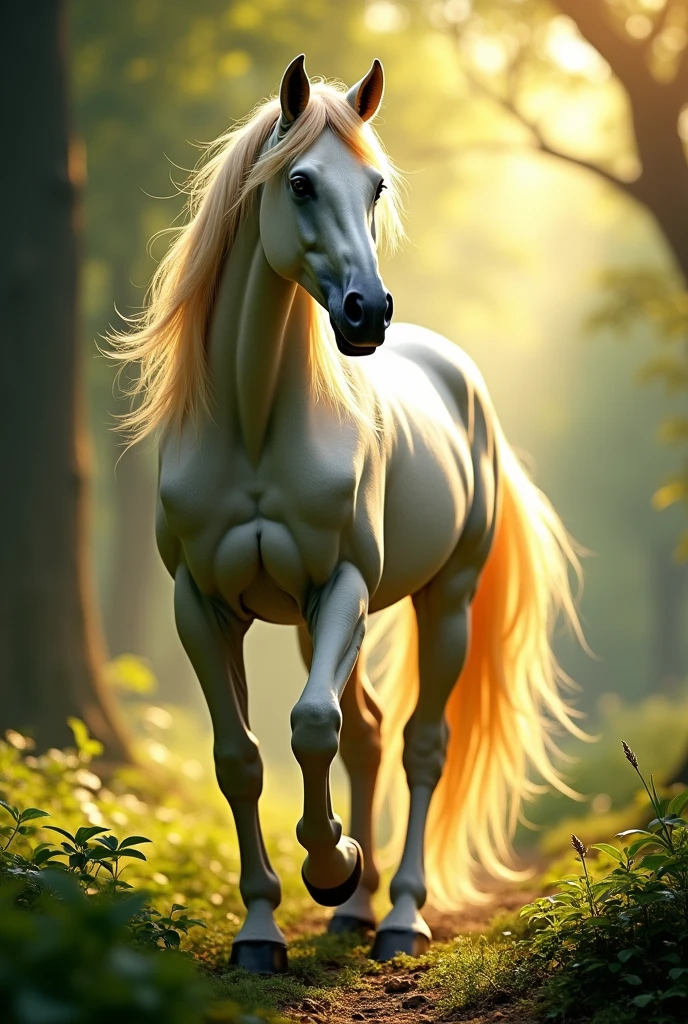 painting of a horse with long blonde hair walking in a forest, beautiful horse, beautiful serene horse, horse, digital horse, majestic horses, flowing mane and tail, high quality hd digital art, centaur horse, hd wallpaper, flowing mane, beautiful digital art, anthropomorphic horse, gorgeous digital painting, beautiful digital painting, amazing wallpaper, very beautiful digital art