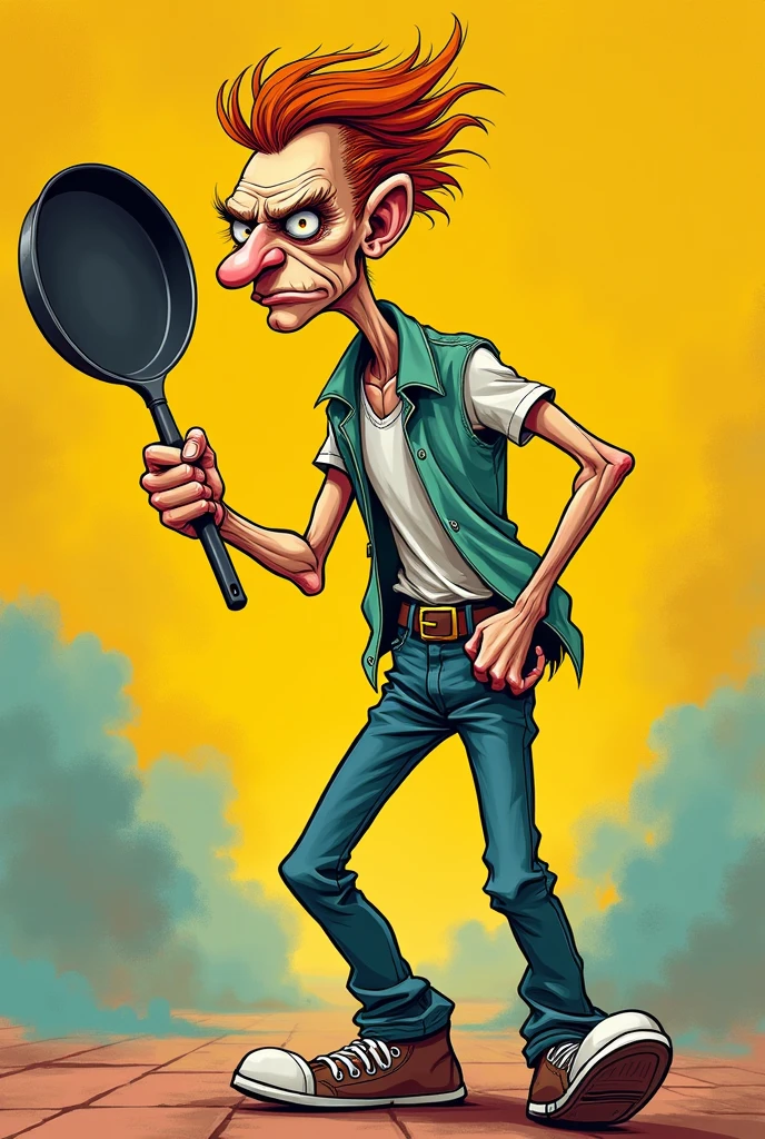 A skinny man gripping a frying pan like a firearm, dynamic pose, humorous expression, vibrant colors, realistic , bold outlines, exaggerated features --s 100 --ar 1:1 --no text