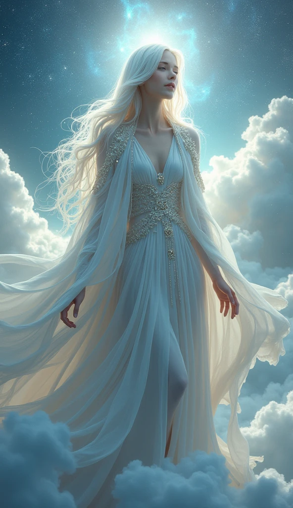 Looks like a cloud, With long white hair and a star cape