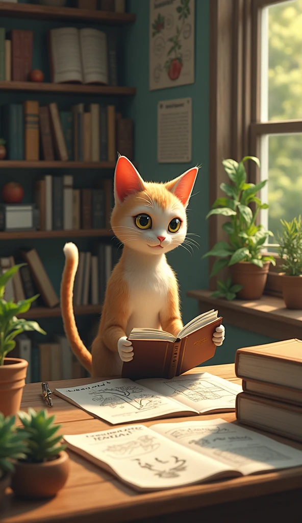 Learning and Growing: Create an image of Humanoid cat reading about farming books or observing plant growth, surrounded by diagrams and notes.