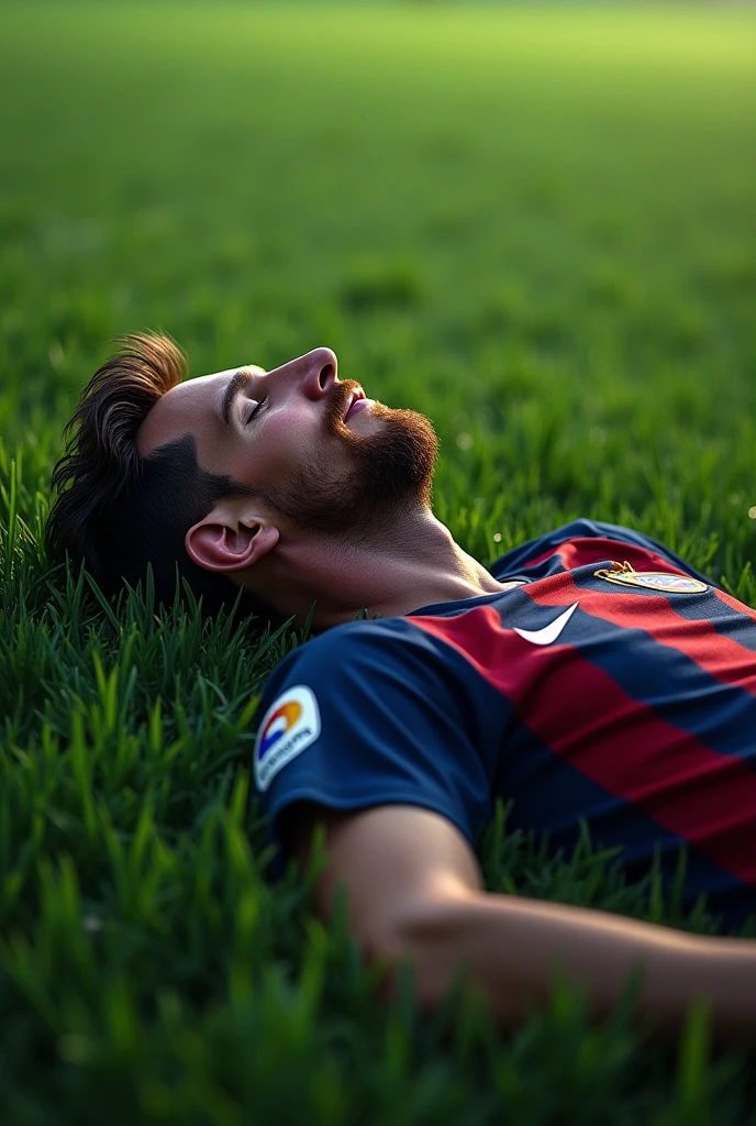 Messi is lying in a football 