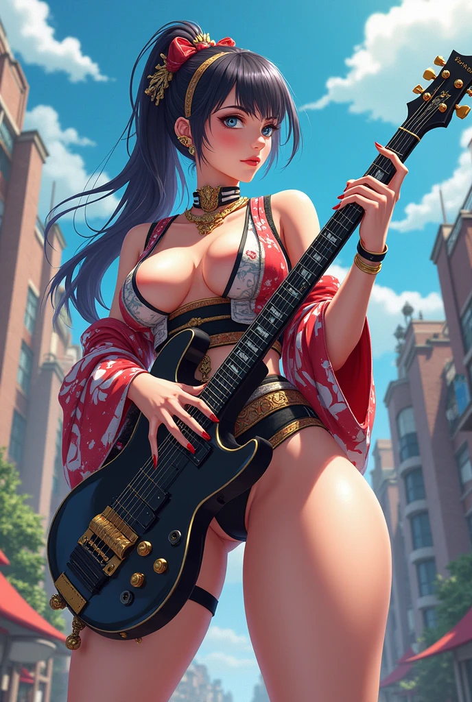 Create me an anime one with crazy aspects with a sniper guitar. And she has to have big breasts. And big thighs with samurai inspired clothes.