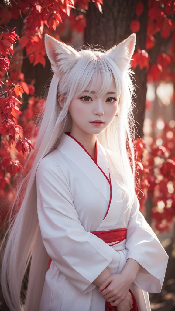 White Demon Fox、Nine-tailed Fox、Japanese women、kimono、Fair skin、Red lines on face、8K、I have long hair
